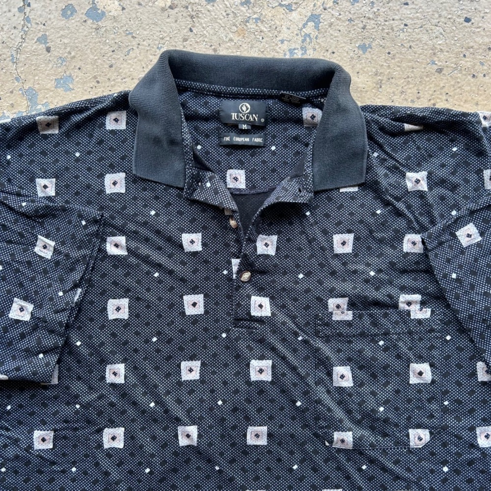 90s Golf Mens Cotton Polo Shirt Geometric Square Dot Pattern Navy Blue Size M